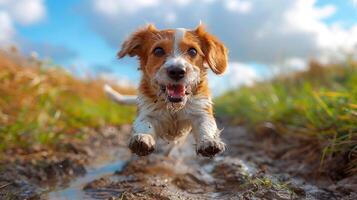 un' cane è in esecuzione attraverso fango e acqua, con suo lingua su foto