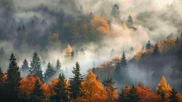 un' foresta con alberi coperto nel nebbia e le foglie foto