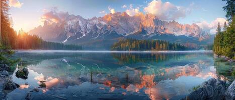 un' bellissimo montagna gamma con un' lago nel il primo piano foto