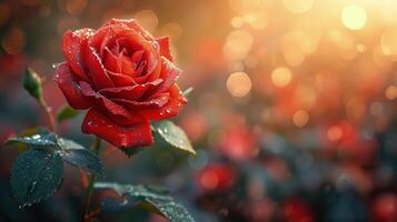 vivace rosso rosa con Guazza scintillante su suo petali e le foglie. impostato contro un' sognante bokeh sfondo, il Immagine cattura il essenza di romanza e naturale bellezza, Perfetto per speciale occasioni. foto