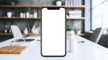 moderno smartphone con un' vuoto schermo in piedi su un' bianca tavolo nel un' sfocato cucina interno, ideale per App Schermo o digitale tecnologia concetti. foto