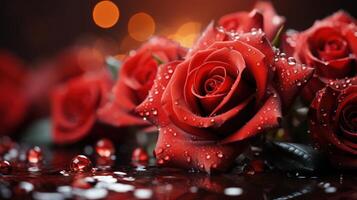 avvicinamento di vivace rosso Rose ornato con Guazza, impostato contro un' sognante bokeh sfondo. il lussureggiante petali e lucido le foglie creare un' romantico e lussuoso atmosfera, Perfetto per speciale occasioni foto