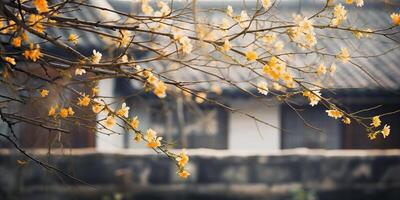 antico asiatico giapponese Cinese vecchio Vintage ▾ retrò cittadina città edificio tempio con natura albero fiori foto