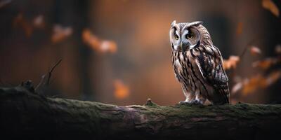 gufo uccello seduta su un' banch albero. wil vita natura all'aperto foresta sfondo paesaggio scena foto