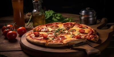 fresco al forno gustoso Pizza con carne e verdure e erbe aromatiche su cena tavolo. pasto cibo ristorante sfondo scena foto