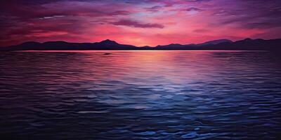 natura all'aperto tramonto al di sopra di lago mare con montagne colline paesaggio il contesto, rosa sfocatura su di messa a fuoco Visualizza foto