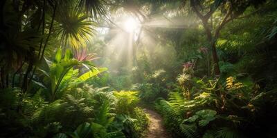 tropicale pioggia giungla in profondità foresta con beab raggio leggero splendente. natura all'aperto avventura vibrazione scena sfondo Visualizza foto