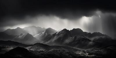 sorprendente nero e bianca fotografia di bellissimo montagne e colline con buio cieli paesaggio sfondo Visualizza scena foto