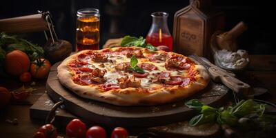 fresco al forno gustoso Pizza con carne e verdure e erbe aromatiche su cena tavolo. pasto cibo ristorante sfondo scena foto