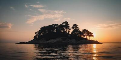 isola nel il mezzo di il mare oceano lago con molti alberi. rilassante tramonto sfondo scena Visualizza foto