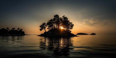 isola nel il mezzo di il mare oceano lago con molti alberi. rilassante tramonto sfondo scena Visualizza foto