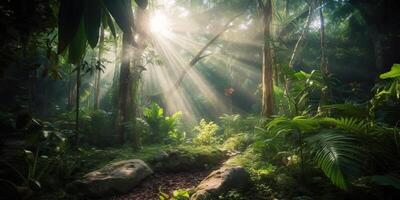 tropicale pioggia giungla in profondità foresta con beab raggio leggero splendente. natura all'aperto avventura vibrazione scena sfondo Visualizza foto