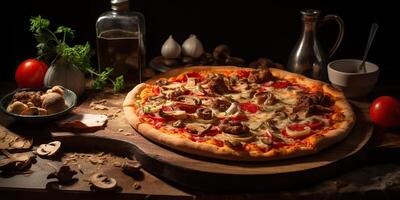 fresco al forno gustoso Pizza con carne e verdure e erbe aromatiche su cena tavolo. pasto cibo ristorante sfondo scena foto