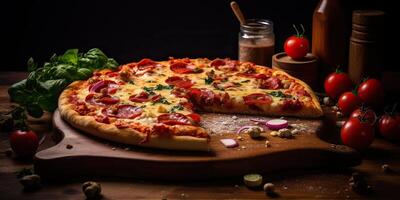 fresco al forno gustoso Pizza con carne e verdure e erbe aromatiche su cena tavolo. pasto cibo ristorante sfondo scena foto