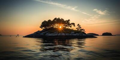 isola nel il mezzo di il mare oceano lago con molti alberi. rilassante tramonto sfondo scena Visualizza foto