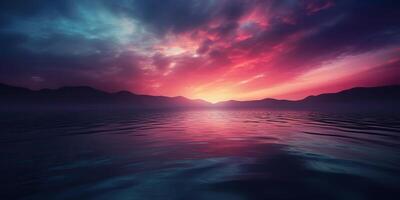 natura all'aperto tramonto al di sopra di lago mare con montagne colline paesaggio il contesto, rosa sfocatura su di messa a fuoco Visualizza foto
