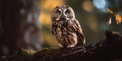 gufo uccello seduta su un' banch albero. wil vita natura all'aperto foresta sfondo paesaggio scena foto