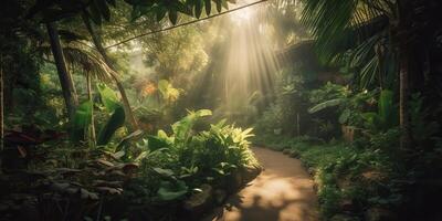 tropicale pioggia giungla in profondità foresta con beab raggio leggero splendente. natura all'aperto avventura vibrazione scena sfondo Visualizza foto