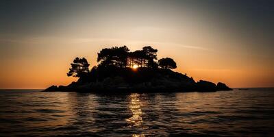 isola nel il mezzo di il mare oceano lago con molti alberi. rilassante tramonto sfondo scena Visualizza foto