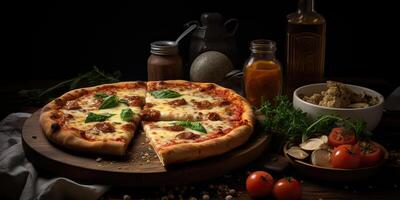 fresco al forno gustoso Pizza con carne e verdure e erbe aromatiche su cena tavolo. pasto cibo ristorante sfondo scena foto