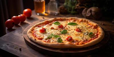 fresco al forno gustoso Pizza con carne e verdure e erbe aromatiche su cena tavolo. pasto cibo ristorante sfondo scena foto