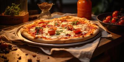 fresco al forno gustoso Pizza con carne e verdure e erbe aromatiche su cena tavolo. pasto cibo ristorante sfondo scena foto