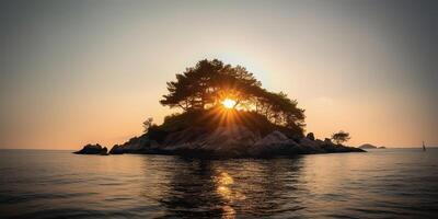 isola nel il mezzo di il mare oceano lago con molti alberi. rilassante tramonto sfondo scena Visualizza foto