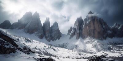 nube giorno roccia collina montagna roccia picco con neve a inverno. avventura spedizione viaggio escursioni a piedi scena Visualizza foto