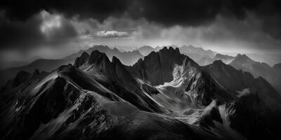 sorprendente nero e bianca fotografia di bellissimo montagne e colline con buio cieli paesaggio sfondo Visualizza scena foto