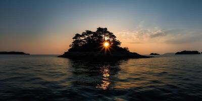 isola nel il mezzo di il mare oceano lago con molti alberi. rilassante tramonto sfondo scena Visualizza foto