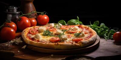 fresco al forno gustoso Pizza con carne e verdure e erbe aromatiche su cena tavolo. pasto cibo ristorante sfondo scena foto