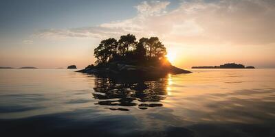 isola nel il mezzo di il mare oceano lago con molti alberi. rilassante tramonto sfondo scena Visualizza foto