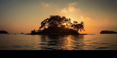 isola nel il mezzo di il mare oceano lago con molti alberi. rilassante tramonto sfondo scena Visualizza foto