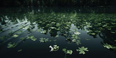 verde le foglie su stagno fiume lago paesaggio sfondo Visualizza foto