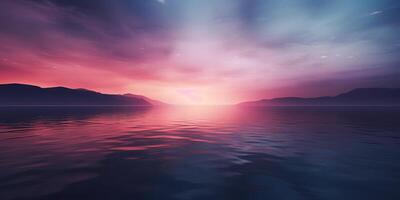 natura all'aperto tramonto al di sopra di lago mare con montagne colline paesaggio il contesto, rosa sfocatura su di messa a fuoco Visualizza foto