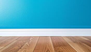 classico blu e bianca parete sfondo con copia spazio nel finto su camera con Marrone parquet pavimento foto