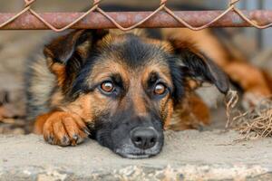 abbandonato vagante cane nel riparo gabbia senza casa animale domestico dietro a arrugginito barre, Affamato e solo foto