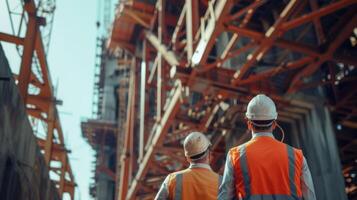 un' squadra di ingegneri ispezionando il ponte fondamenta fabbricazione sicuro qualunque cosa è si e sicuro prima in movimento su per il Il prossimo passo foto