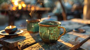 un' caldo tazza di tè o caldo cacao goduto in mezzo il intimo ambientazione di il all'aperto ceramica officina. 2d piatto cartone animato foto