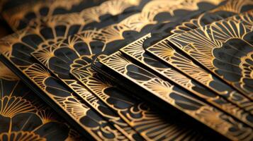 un' impostato di tipografica carte squisitamente stampato a mano con un' sontuoso oro e nero design aggiungendo un' toccare di grandezza per qualunque occasione foto