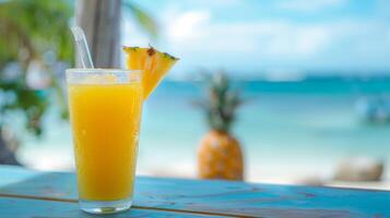 un' tropicale oasi ambientazione con un' chiaro blu cielo e cristallo chiaro acqua nel il sfondo come i clienti godere loro rinfrescante ananas e Mango succo a il isola succo bar foto
