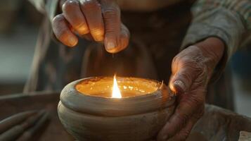 il tremolante fiamma di il candela catture il barlume di il vasai utensili aggiungendo per il Magia di loro abile mani a opera. 2d piatto cartone animato foto