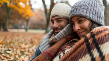 un' coppia godendo un' romantico picnic nel il parco in bundle su sotto un' cachemire gettare foto