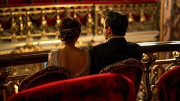 coppie vestito nel formale abbigliamento prendere loro posti a sedere nel il opulento rosso velluto sedie di il balcone foto