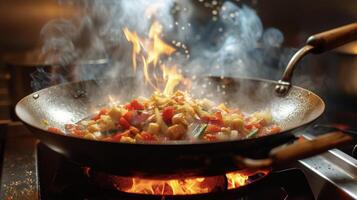 vapore crescente e fiamme sfolgorante Questo wok saltato in padella è un' capolavoro nel il fabbricazione. il suono di frizzante olio e il sferragliare di metallo contro il wok creare un' sinfonia di sapori foto