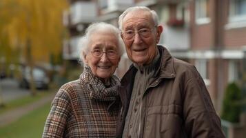 un' sorridente paio di pensionati posa al di fuori loro di recente ridimensionato appartamento edificio eccitato per Esplorare il nelle vicinanze parchi e attività foto