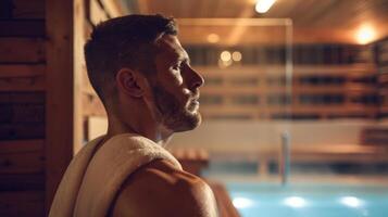 un' uomo passo su di il sauna sensazione rinfrescato e eccitato dopo un' rilassante sessione. foto