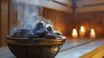 vapore crescente a partire dal un' secchio di caldo pietre nel il angolo di un' sauna la creazione di un' calmante aroma. foto