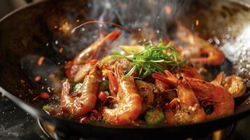 fragrante es e frizzante frutti di mare intrecciare su un' ardente wok accensione il sensi con il ardente sapori di sud-est Asia foto