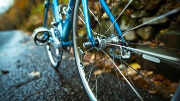 un' avvicinamento tiro di un' all'avanguardia strada bicicletta con suo carbonio fibra telaio e aerodinamico design pronto per un' lungo cavalcata foto